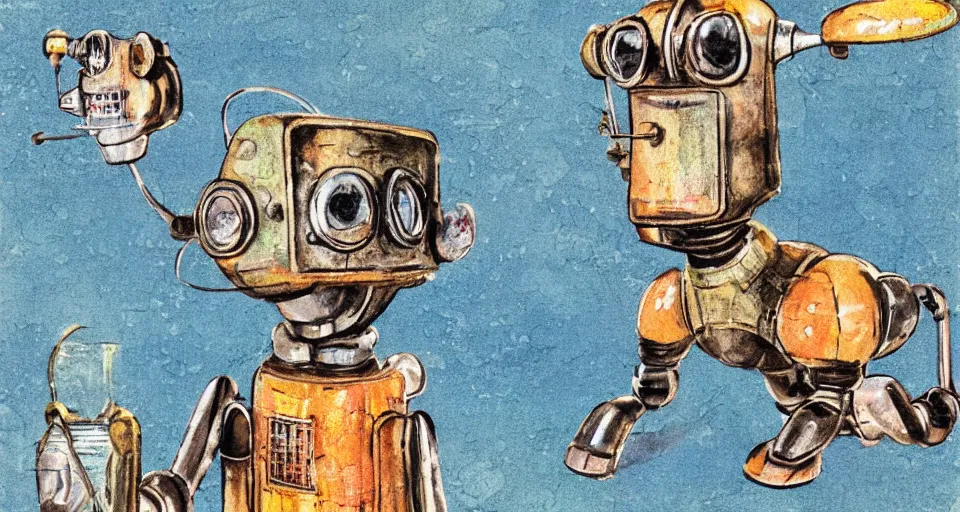 Image similar to a detailed illustration of a cute retro robot dog, alcohol inks on parchment, muted colors, detailed, textured parchment background, bosch, 1 9 5 0 s concept art