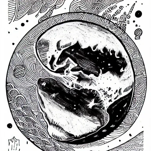 Image similar to black and white ink doodle illustration of a hippo shaped planet in interstellar space, style by peter deligdisch, peterdraws