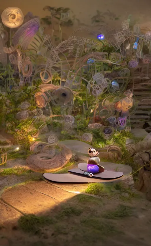 Image similar to tiny skateboard, roman temple, floating, rbc, bunny, radiolaria, protophyta, micro - organisms, center frame, symmetric, rim light, marine microbiology, bioluminescence, electric, fur, soft, concept art, intricate details, highly detailed, colorful, photorealistic, disney pixar, octane render, iridescent, anime, 8 k