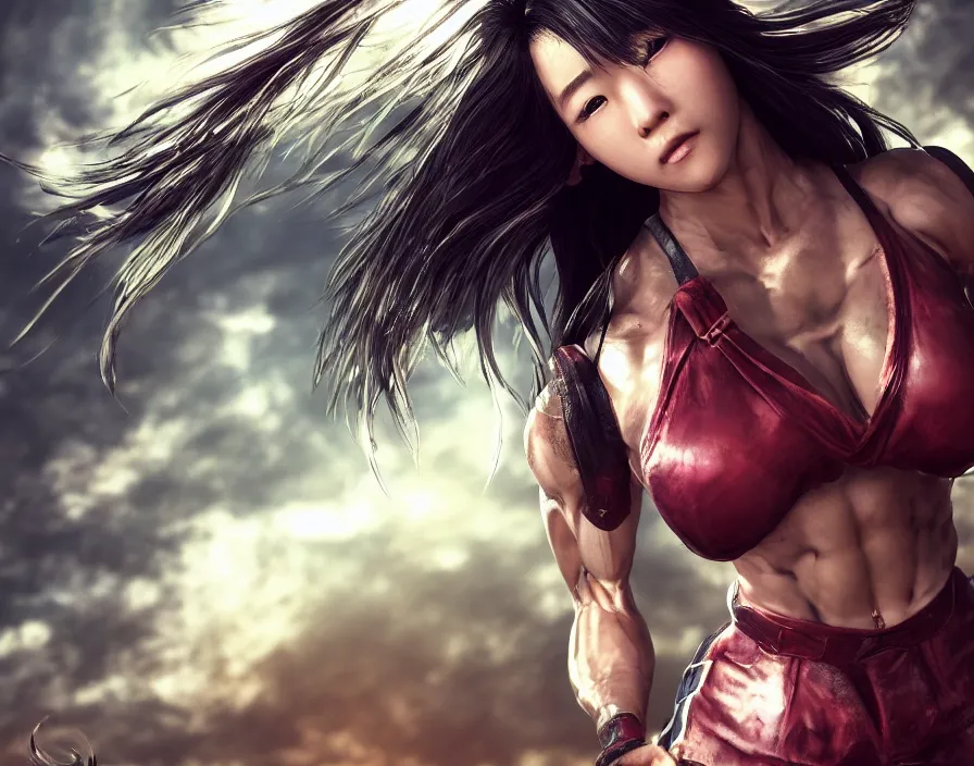 Image similar to ultra muscle like giga chad beautiful japanese girl, beautiful texture, beautiful graphics, fantasy artwork, very beautiful scenery, hd, hdr, ue 5, ue 6, unreal engine 5, cinematic 4 k wallpaper, 8 k, ultra detailed