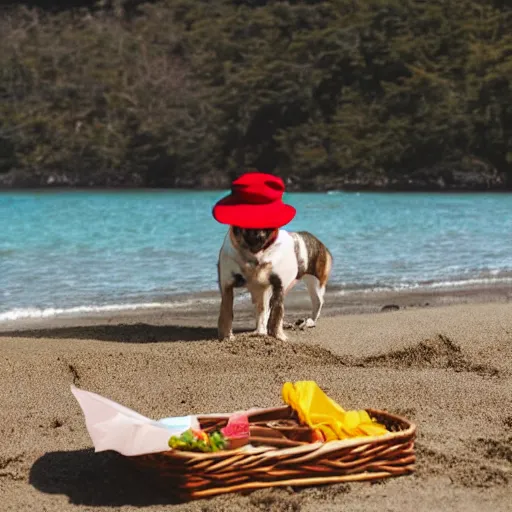 Image similar to Dog with hat on the beach having a picknick