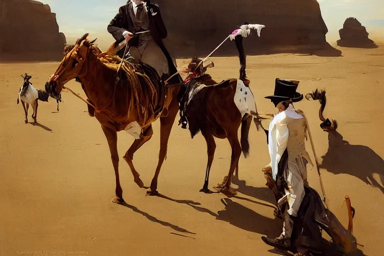 Image similar to portrait of a respectable dignified royal business elite politicians in top hats and coat tails riding on emus in the sahara desert throwing vanilla icecream cones at each other, art by anders zorn, wonderful masterpiece by greg rutkowski, beautiful cinematic light, american romanticism by greg manchess, jessica rossier