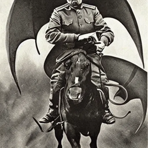 Prompt: photo of Joseph Stalin riding a dragon,