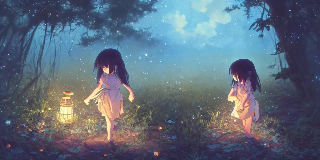 Image similar to small girl and the fireflies, by the pond in a forest, night sky. anime, fantasy, smooth. digital painting, by hayao miyazaki and rossdraws and artgerm and detmold and greg rutkowski and alphonse mucha. artstation. beautiful, high quality, stunning, intricate detailed environment. 8 k