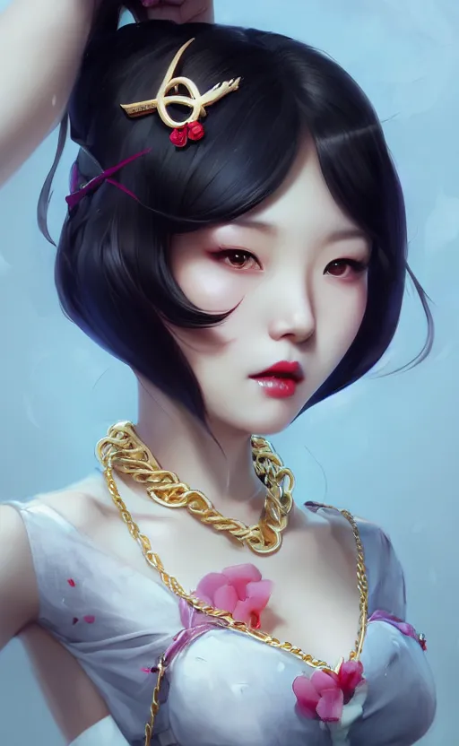 Image similar to a pin up and beautiful fashion charming dreamlke korea girl with lv jewelry, character art, art by artgerm lau and kyoung hwan kim and and ilya kuvshinov and john singer sargent, hyperdetailed, 8 k realistic, symmetrical, frostbite 3 engine, cryengine, dof, trending on artstation, digital art