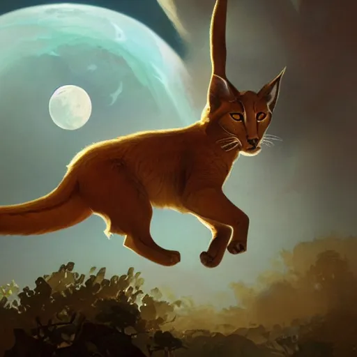 Image similar to Illustration of cute caracal chasing the moon through the sky, league of legends, LOL, fantasy, d&d, digital painting, artstation, concept art, sharp focus, illustration, art by greg rutkowski and alphonse mucha