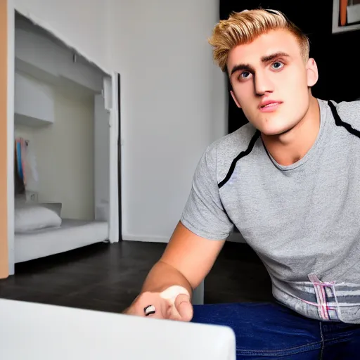 Prompt: jake paul sitting confused and sweating in a small european apartment.