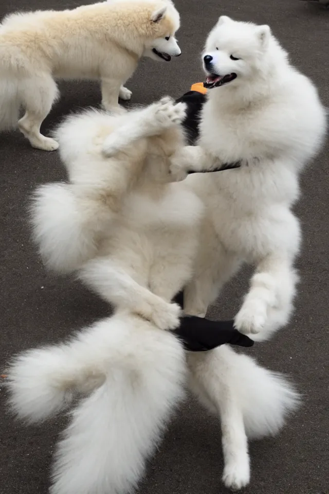 Prompt: samoyed dog doing wai kru muay thai movements