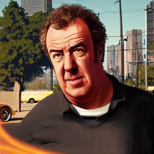 Image similar to Jeremy Clarkson in GTA V, cover art by Stephen Bliss, artstation, no text