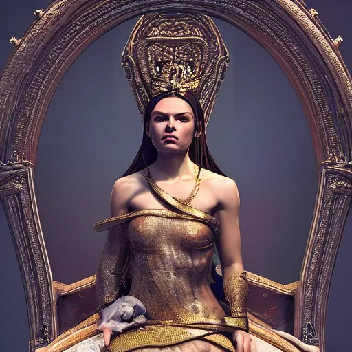 Prompt: the high priestess sitting on her throne, stunning 3 d render inspired art by greg rutkowski and xiang duan and thomas eakes, perfect facial symmetry, flesh texture, realistic, highly detailed attributes and atmosphere, dim volumetric cinematic lighting, 8 k octane detailed render, post - processing, masterpiece, rtx on, rendering on unreal engine