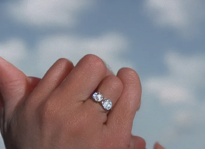 Prompt: a huge glimmering dimond ring on a lady hand in the 8 0's. closeup. clouds in the background