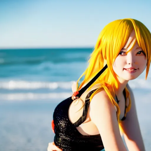 Image similar to headshot of a cute girl cosplaying as Nami from One Piece standing on a beach, cosplay, close up, photo by Sarah Moon