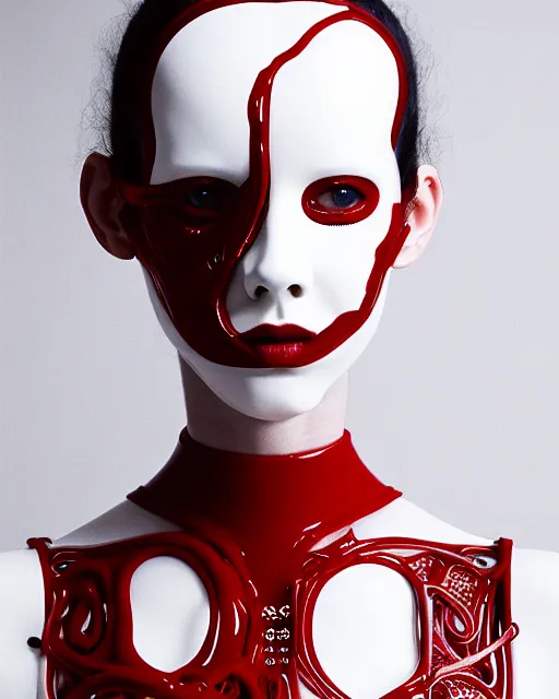 Image similar to symmetrical portrait of a woman wearing a red embroidered translucent silicone mask and white frizzy hair buns, wearing a black bodysuit by alexander mcqueen, cream white background, soft diffused light, biotechnology, humanoide robot, futuristic aesthetic, translucent, ethereal, intricate details, highly detailed, masterpiece,