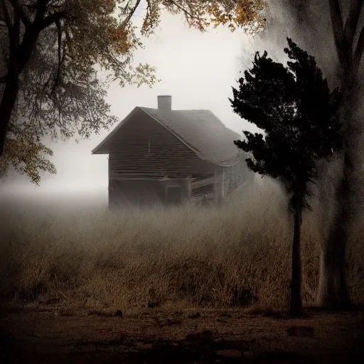 Prompt: a man's shadow near the dilapidated house in the wilderness, fog, digital art