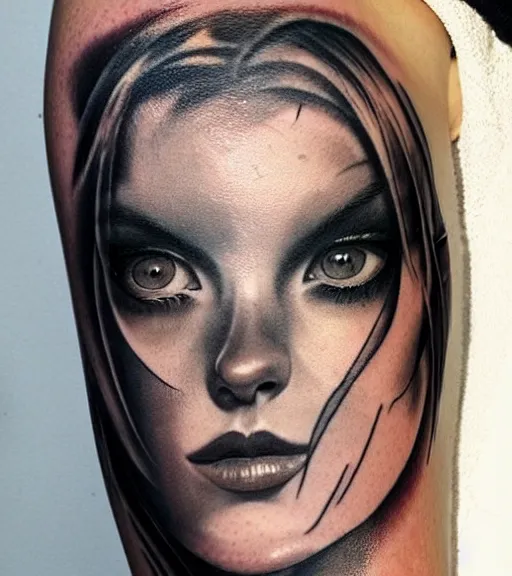 Prompt: tattoo design on white background of a beautiful girl warrior, tiger head above, hyper realistic, realism tattoo, by eliot kohek, beautiful eyes, realistic face, black and white