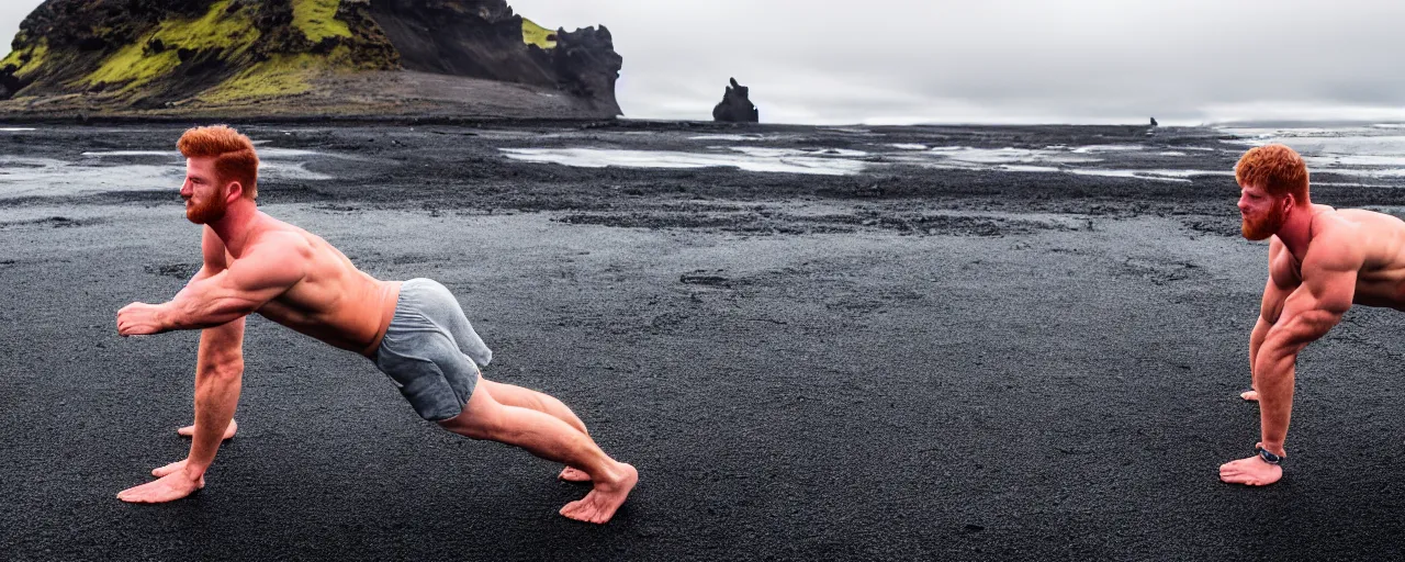 Image similar to cinematic shot of giant symmetrical ginger handsome gym bro doing pushups in the middle of an endless black sand beach in iceland with icebergs in the distance,, 2 8 mm