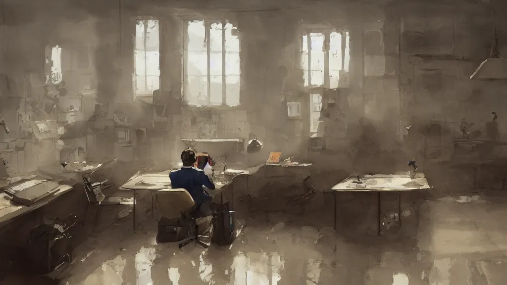 Image similar to interior of an office with a worker taking notes, watercolored, jakub rozalski, dark colours, dieselpunk, artstation
