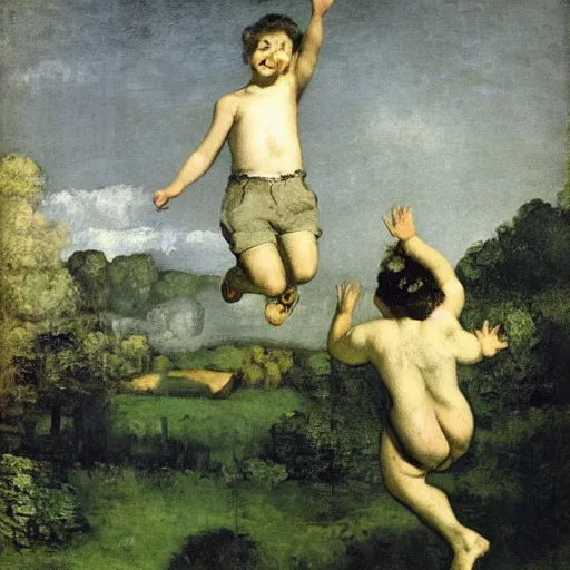 Prompt: obese father jumping on a trampoline with his children, painting by courbet