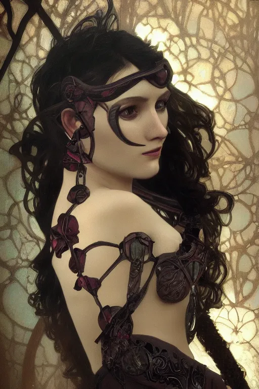 Image similar to a realistic dark photo of a mileena, woman, herpen dress jewelery and fractals in style of alphonse mucha art nuvo dmt trending on artstation made in unreal engine 4