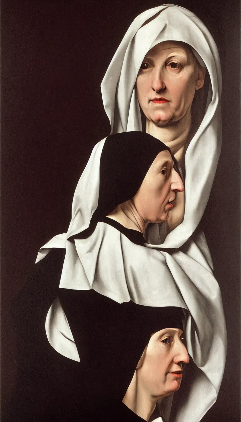Image similar to a very detailed oil painting of the nun sainte claire wearing clarise habit, half body, by caravaggio