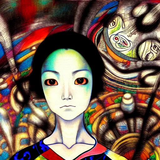 Prompt: yoshitaka amano blurred and dreamy realistic three quarter angle portrait of a mexican woman with short hair and black eyes wearing mariachi suit, junji ito abstract patterns in the background, satoshi kon anime, noisy film grain effect, highly detailed, renaissance oil painting, weird portrait angle, blurred lost edges
