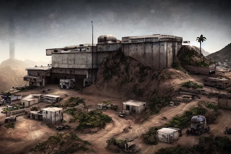 Image similar to favela hospital hangar bunker, desert environment, industrial factory, cliffs, gloomy, milky way, award winning art, epic dreamlike fantasy landscape, ultra realistic,