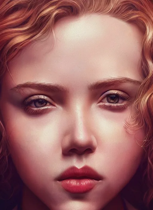 Image similar to a portrait of scarlett johannson, big eyes, plump lips, detailed faces, beautiful, rich deep colours masterpiece, golden hour, sharp focus, ultra detailed, by leesha hannigan, ross tran, thierry doizon, kai carpenter, ignacio fernandez rios