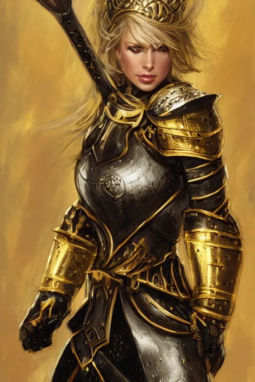 Prompt: Gorgeous Blond Lady Knight in an ornamental Gold and Black armor, fantasy, by Frank Franzetta, trending on Artstation, trending on Deviantart, artstationHQ, artstationHD, full color