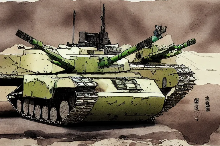 Prompt: Yoji Shinkawa's 'desert locale with real life M1 Abrams Tank and green cactus in the barrel', ink and colours on silk, trending on pixiv, action shot, monochrome, watercolour, high saturation, cactus, cactus