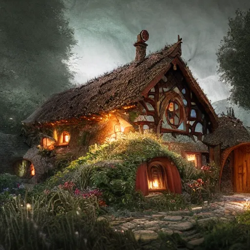 Image similar to medieval hobbit house, ornate, beautiful, atmosphere, vibe, flowers, concept art illustration, color page, 4 k, tone mapping, doll, akihiko yoshida, james jean, andrei riabovitchev, marc _ simonetti, yoshitaka amano, digital illustration, greg rutowski, volumetric lighting, sunbeams, particles