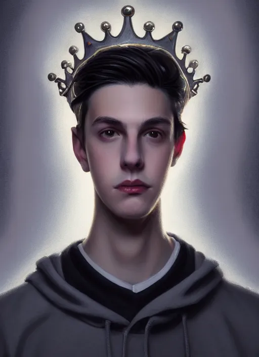 Image similar to portrait of teenage jughead jones wearing a light grey crown, photorealistic, crown, eyes closed, crown, black hair, intricate, elegant, glowing lights, highly detailed, digital painting, artstation, concept art, smooth, sharp focus, illustration, art by wlop, mars ravelo and greg rutkowski