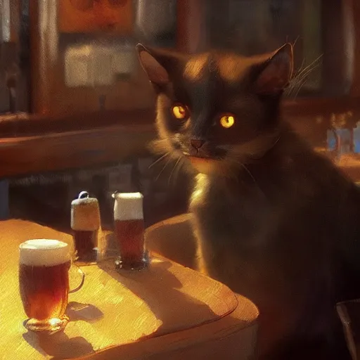 Image similar to a cat in a pub with beer, painting by craig mullins, octane rendering, soft morning lighting, wide angle lens, in the style of hayao miyazaki, trending on artstation,