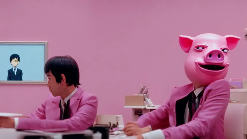 Image similar to a man wearing a pink suit and a pink pig mask sitting in an office, film still from the an anime directed by Katsuhiro Otomo with art direction by Salvador Dalí, wide lens