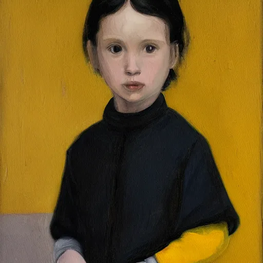 Image similar to a painting of a little girl with short black hair and wearing a yellow coat alone in the middle of a cloister in an abbey by hopper