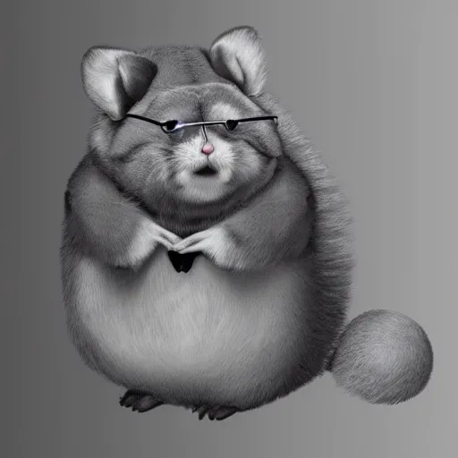 Prompt: cute furaffinity photorealistic portrait of adorable fat round chinchilla with long black hair and gray fur wearing glasses and tanktop in the style of botero sakimichan natural light furry