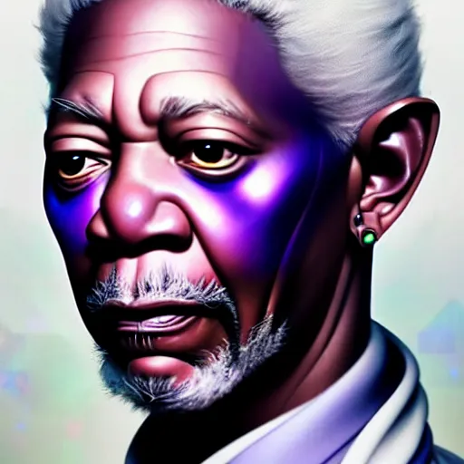 Image similar to portrait painting of a cyberpunk elven morgan freeman wearing a white and purple suit, ultra realistic, concept art, intricate details, eerie, highly detailed, photorealistic, octane render, 8 k, unreal engine. art by artgerm and greg rutkowski and charlie bowater and magali villeneuve and alphonse mucha