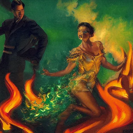 Prompt: fire flames in green screen by dean cornwell