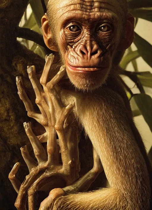 Image similar to portrait of a monkey with translucent skin, visible muscles and veins and arteries and bones and spines and nerves, beautiful detailed intricate insanely detailed octane render, 8 k artistic photography, photorealistic, chiaroscuro, by david cronenberg, raphael, caravaggio