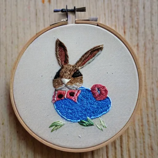 Image similar to a tiny beautiful handmade embroidery of a rabbit. hand embroidery.