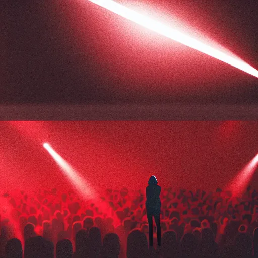 Image similar to a lone singer on stage, with spotlight beam, huge crowd in audience, facing stage, zoom lens, ultra realistic, artstation, red curtains, dramatic lighting, album