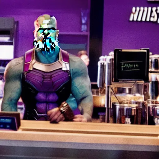 Prompt: film still of Thanos working as a Starbucks barista in Infinity War