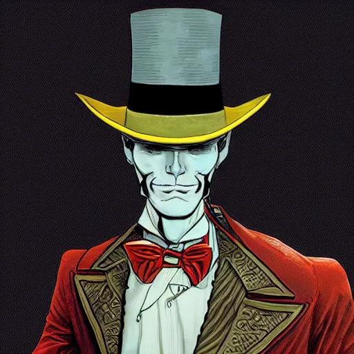 Prompt: portrait of demonic baroque steampunk cyborg gentleman with a top hat by moebius