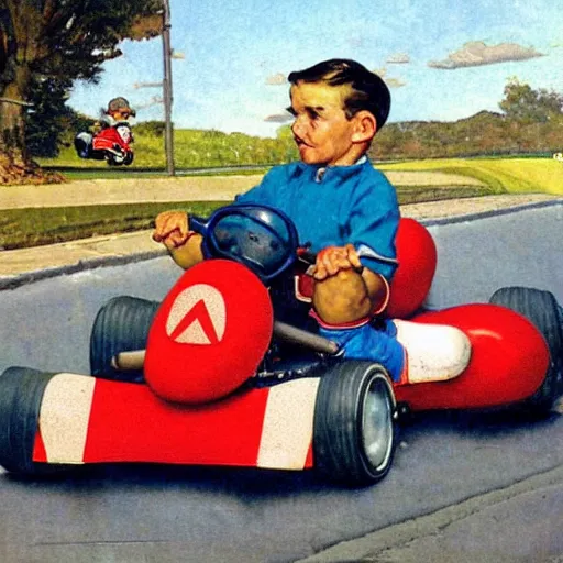 Image similar to a Norman Rockwell painting of a boy driving his go-kart with mario
