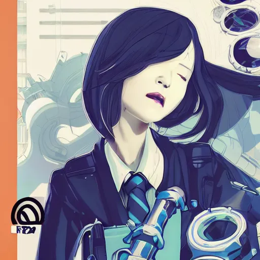 Image similar to Frequency indie album cover, luxury advertisement, white, indigo and teal colors. highly detailed post-cyberpunk sci-fi close-up schoolgirl in asian city in style of cytus and deemo, mysterious vibes, by Ilya Kuvshinov, by Greg Tocchini, nier:automata, set in half-life 2, beautiful with eerie vibes, very inspirational, very stylish, with gradients, surrealistic, postapocalyptic vibes, depth of filed, mist, rich cinematic atmosphere, perfect digital art, mystical journey in strange world, bastion game, arthouse