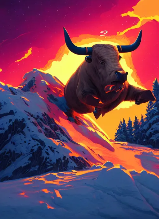 Prompt: happy bull on a snowboard, sticker, close up, wlop, dan mumford, artgerm, liam brazier, peter mohrbacher, 8 k, raw, featured in artstation, octane render, cinematic, elegant, intricate