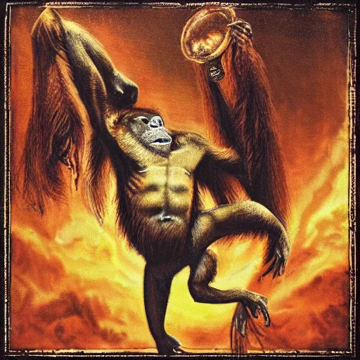 Prompt: orangutan descending from heaven, in the style of deathspell omega's fas album cover