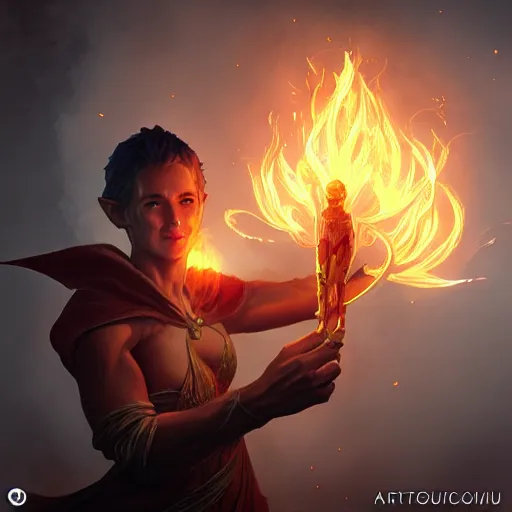 Image similar to a fantastical glowing elf made of fire illustrated by artgerm and greg rutkowski