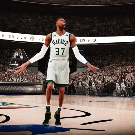 Prompt: giannis antetokounmpo as a greek god, aesthetic octane render, 8 k hyperrealistic, futuristic