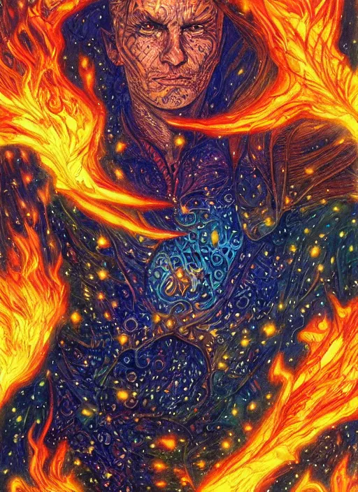 Image similar to high intricate colored ink drawing of the sandman holding a glimmering fire - galaxy, full shot, neil gaiman, maria panfilova, andrea savchenko, mike kime, ludovic plouffe, qi sheng luo, oliver cook, julian calle, eddie mendoza, trending on artstation