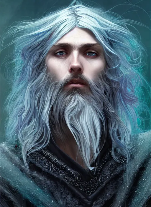 Image similar to Portrait of hexblade warlock angel, glowing white eyes, silver shaggy hair, short scruffy beard, cloak, teal ethereal tendril wings, male, fantasy, extremely detailed, digital painting, artstation, concept art, smooth, sharp focus, illustration, stunning lighting, art by artgerm and greg rutkowski and alphonse mucha and simon stalenhag, realistic character concept, high fantasy, light atmosphere, golden ratio, cinematic lighting, hyperdetailed, high resolution, insanely detailed and intricate, artstation, Marc Simonetti, Greg Rutkowski